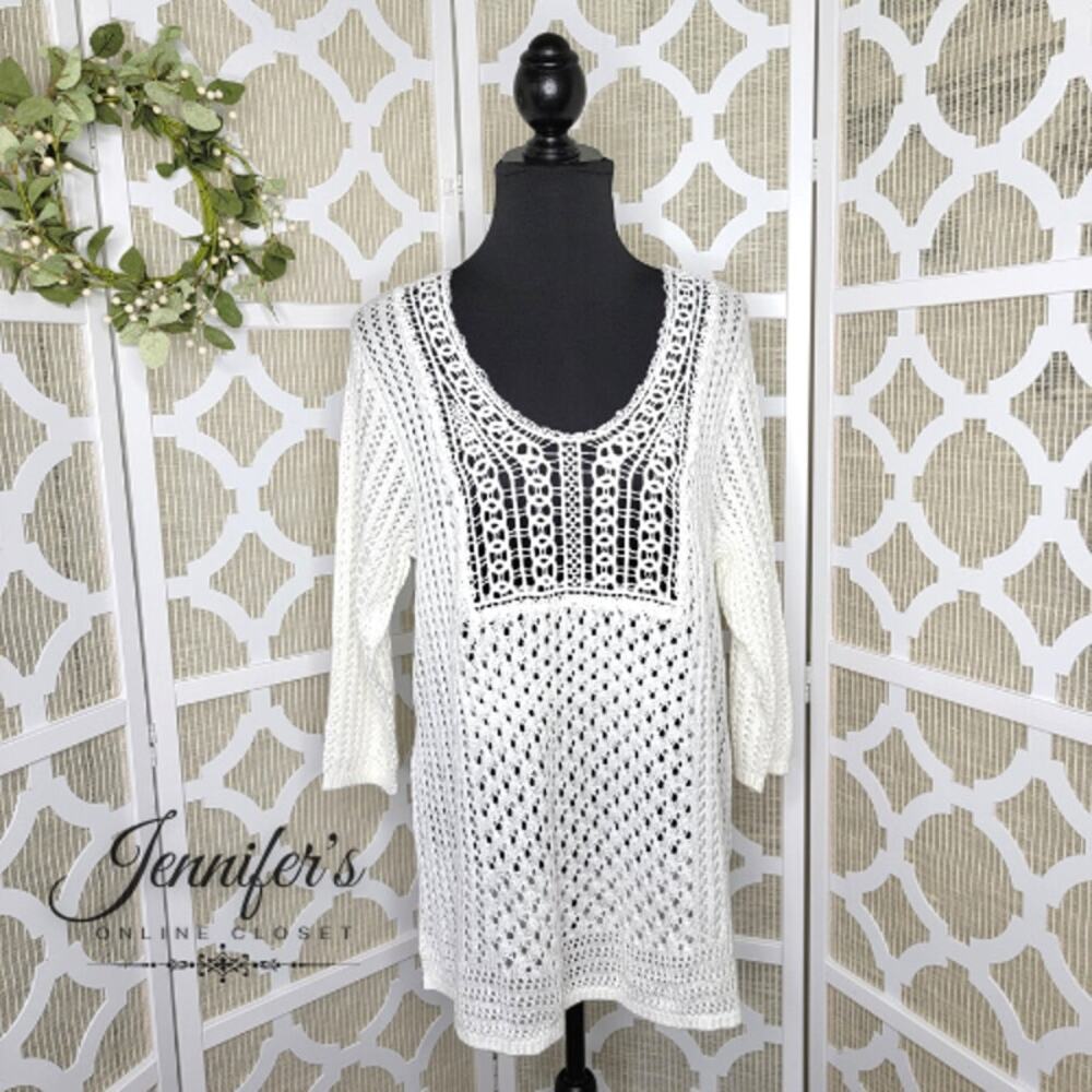 CJ Banks White Crochet Scoop Neck 3/4 Sleeve Sweater Size 1X